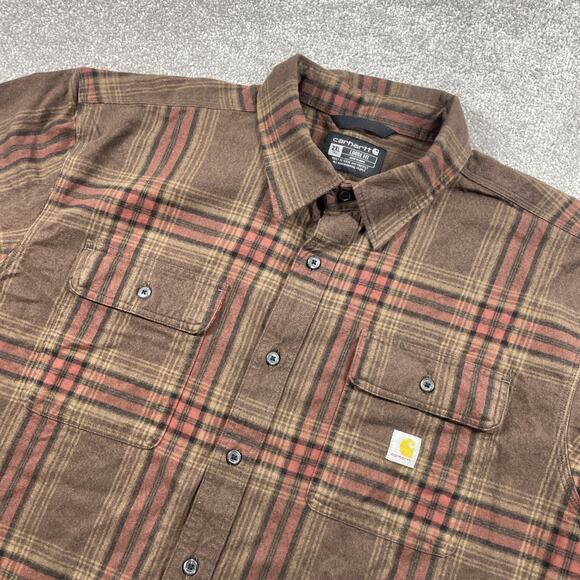 Carhartt Flannel Shirt Mens 2XL Tall Loose Fit Plaid Cotton Utility Brown - Picture 1 of 12